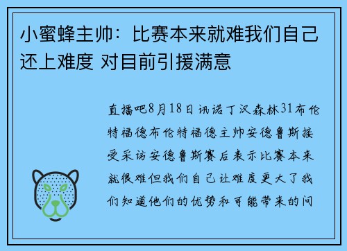 小蜜蜂主帅：比赛本来就难我们自己还上难度 对目前引援满意